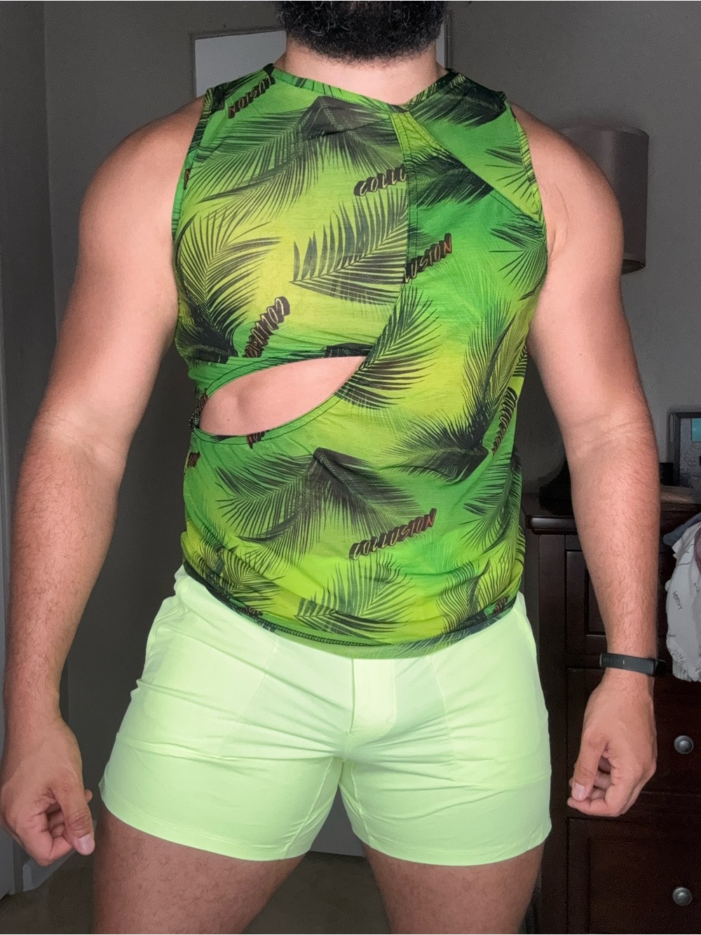 Men's Green Tropical Cutout Tank Top